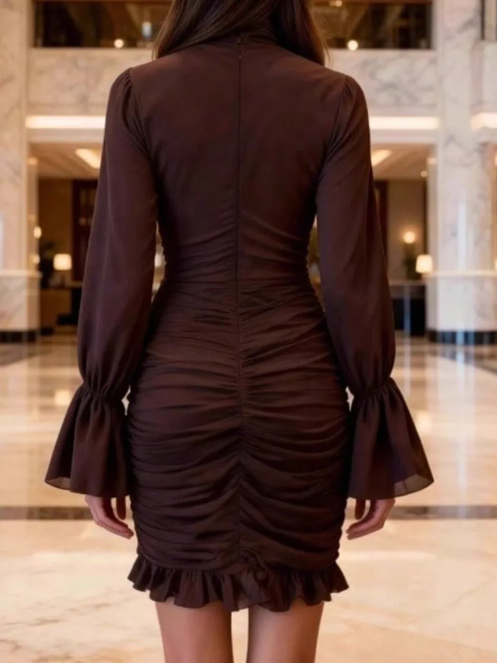 Brown Vintage Women's Ruffled High-Neck Dress with Pleated Paneling - Picture 2 of 4